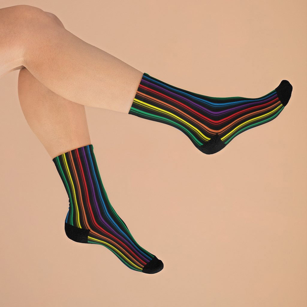 OC 405 socks, a design that features thin rainbow stripes on black socks, are inspired by Southern California's famous 405 freeway. Designed by My Friend Ren.