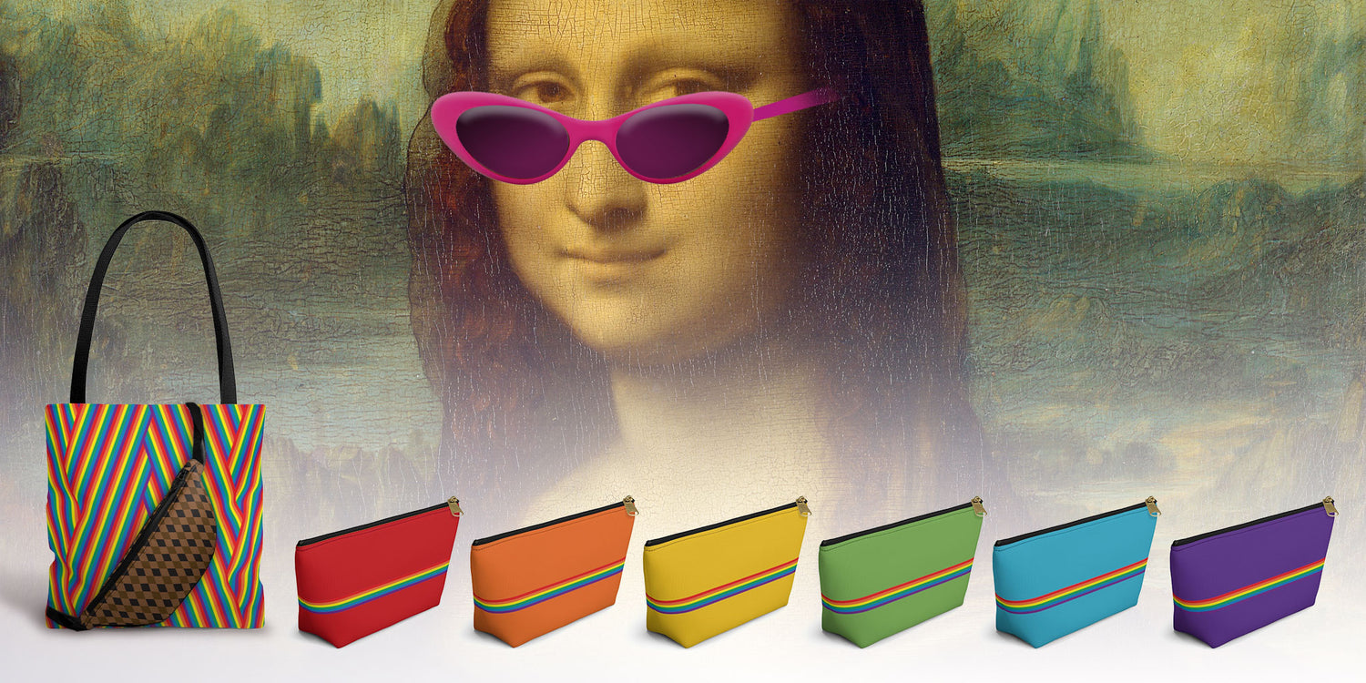 A painting of Mona Lisa by Leonardo da Vinci in which she wears pink sunglasses. In front ot the painting are a colorful bag, hip pack, and a row of zippered pouches in rainbow colors.