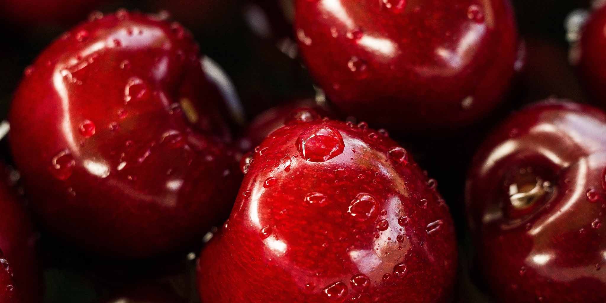 Closeup of luscious, shiny red cherries