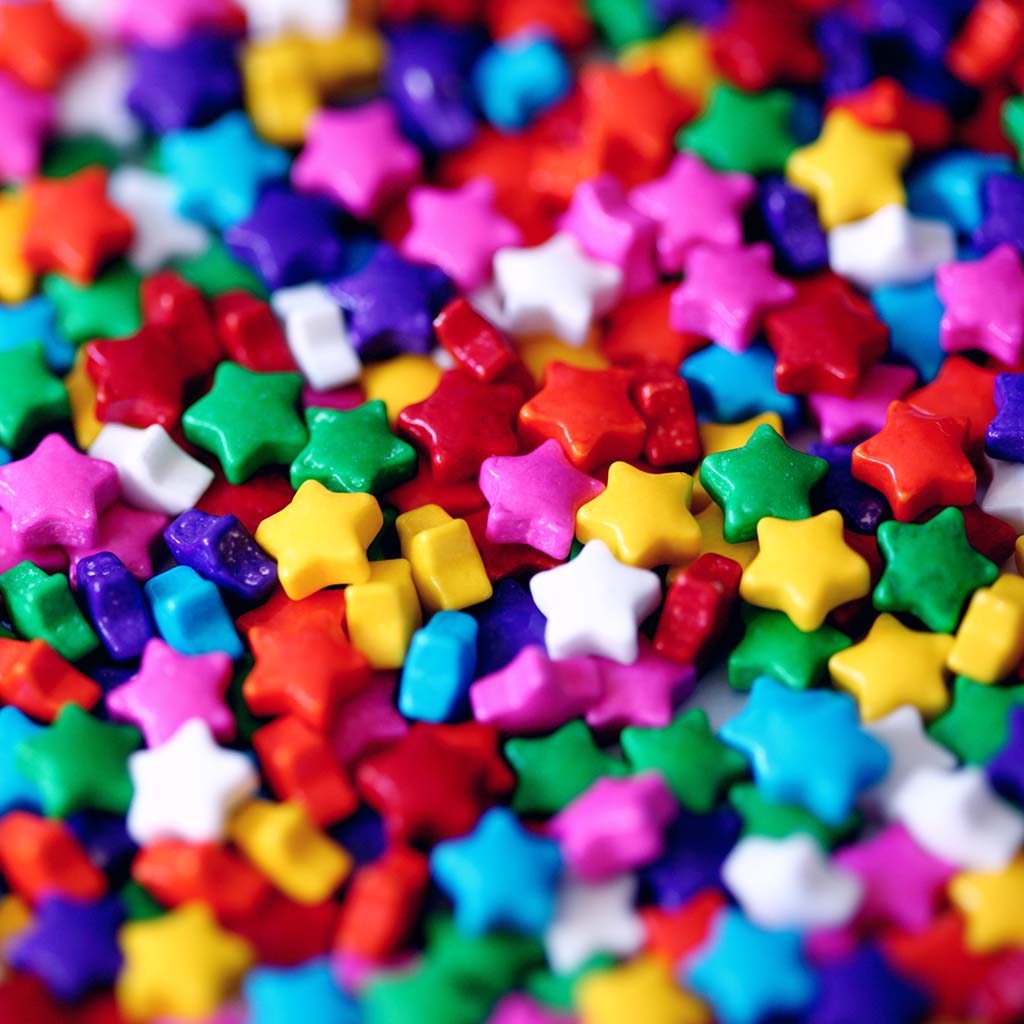 A colorful mass of star-shaped candy